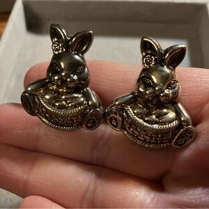 Easter Bunny with Egg Basket Two Tone Clip Earrings Spring